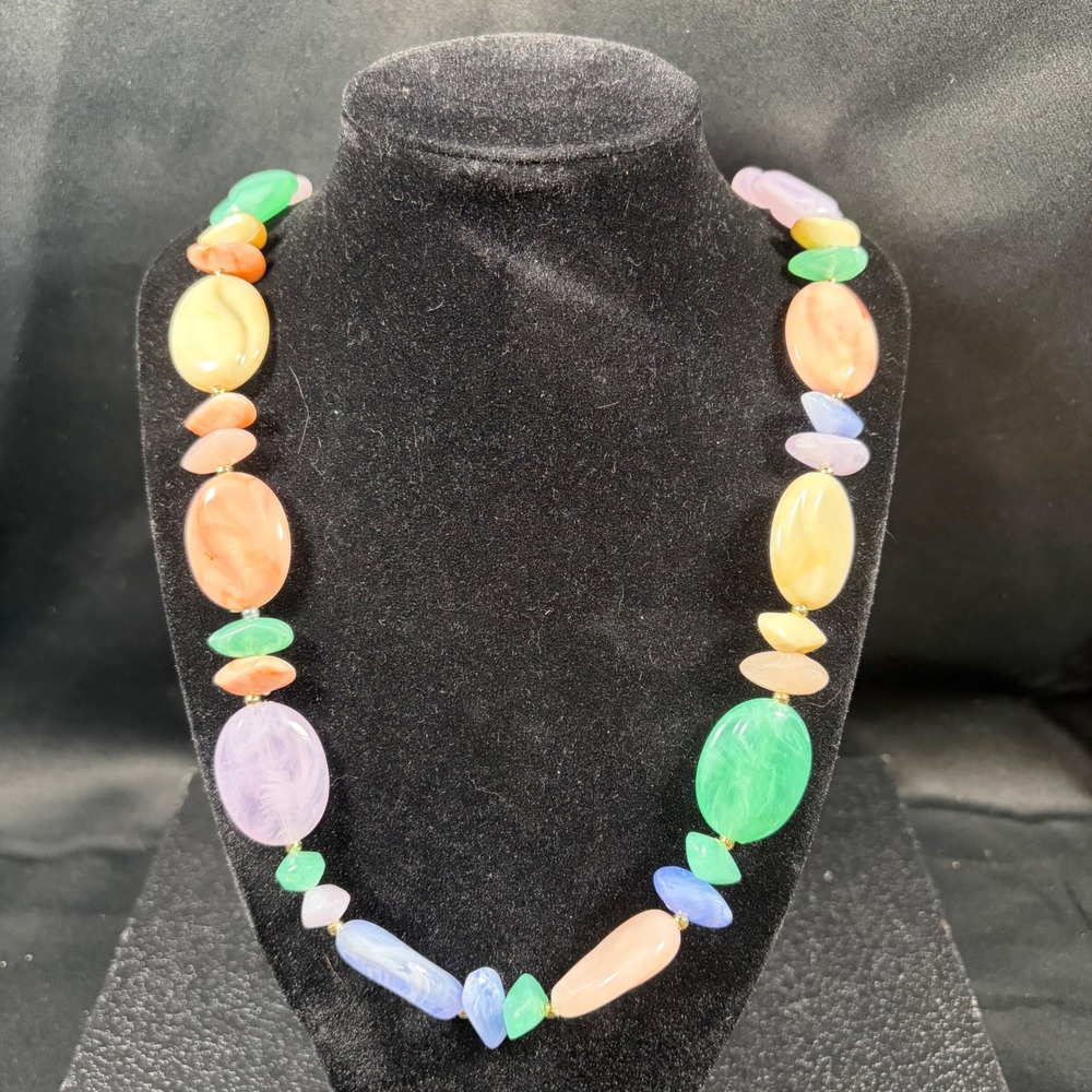 Vintage Pastel Acrylic Bead Necklace Chunky Faux Stone Multi Color 22 Inch
